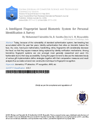 A Intelligent Fingerprint Based Biometric System for Personal Identification-A Survey