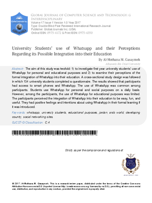 University Students Use of WhatsApp and their Perceptions Regarding its Possible Integration into their Education