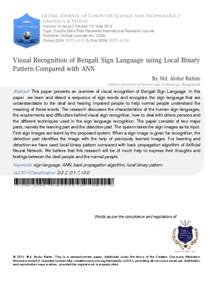 Visual Recognition of Bengali Sign Language using Local Binary Pattern Compared with ANN