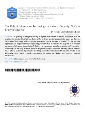 The Role of Information Technology in National Security: aoA Case Study of Nigeriaa