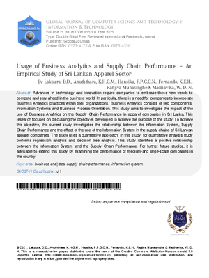 Usage of Business Analytics and Supply Chain Performance – An Empirical Study of Sri Lankan  Aapparel Sector