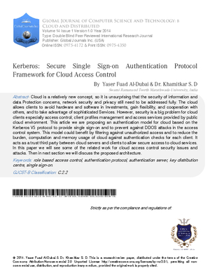 Kerberos: Secure Single Sign-On Authentication Protocol Framework for Cloud Access Control