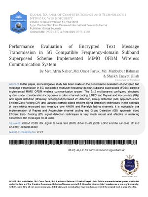 Performance Evaluation of Encrypted Text Message Transmission in 5G Compatible Frequency-domain Subband Superposed Scheme Implemented MIMO OFDM Wireless  Communication System