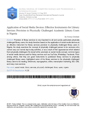 Application of Social Media Devices: Effective Instruments for Library Services Provision to Physically Challenged Academic Library users in Nigeria