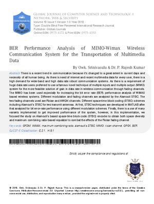 BER Performance Analysis of MIMO-WiMAX Wireless Communication System for the Transportation of Multimedia Data