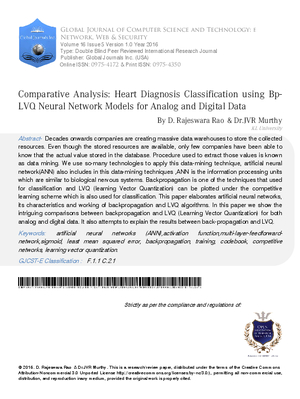Comparative Analysis: Heart Diagnosis Classification  using BP-LVQ Neural Network Models For Analog and Digital Data