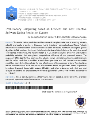 Evolutionary Computing based an Efficient and Cost Effective Software Defect Prediction System