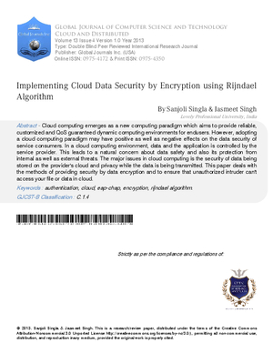Implementing Cloud Data Security by Encryption using Rijndael Algorithm