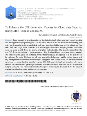 To Enhance the OTP Generation Process for Cloud Data Security using Diffie-Hellman and HMAC
