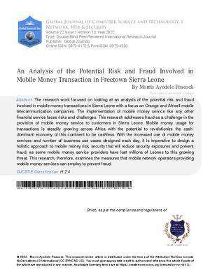An Analysis of the Potential Risk and Fraud Involved in Mobile Money Transaction in Freetown Sierra Leone