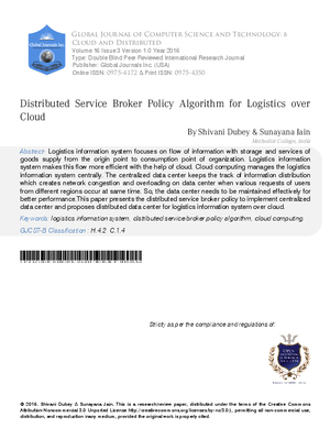 Distributed Service Broker Policy Algorithm for Logistics over Cloud