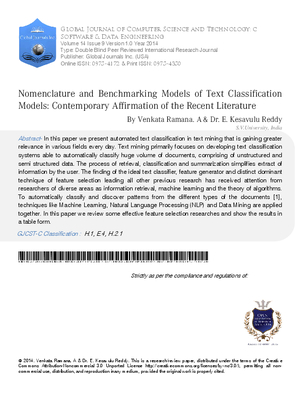 Nomenclature and Benchmarking Models of Text Classification Models: Contemporary Affirmation of the Recent Literature